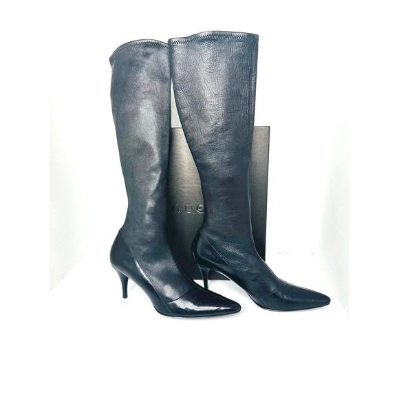 Gucci Black Leather Pointed Toe Sock Boots Size 8B – Stiletto Heel Knee High - Picture 7 of 8